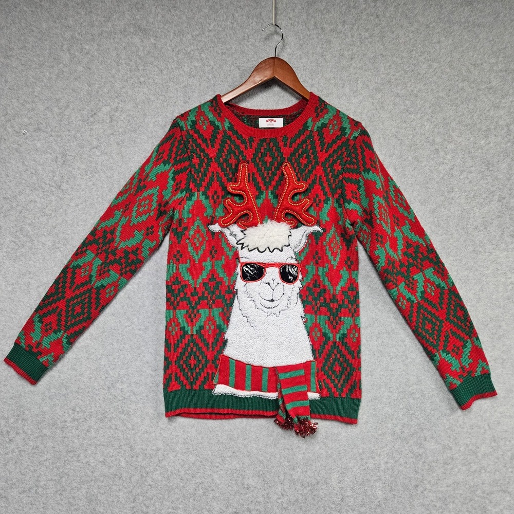 Holiday Time Sweater Mens S Red Green Llama Reindeer Ugly Christmas